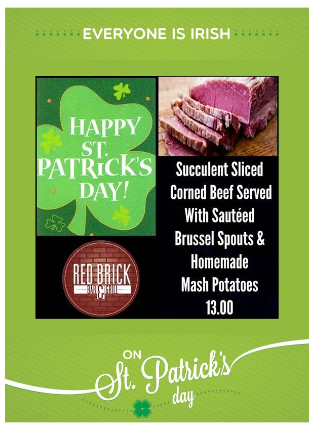 RedBrickTurlock's tweet image. Corned Beef Dinner at Red Brick This St. Paddy's Day This Thursday March 17th. bit.ly/1RMLXFD