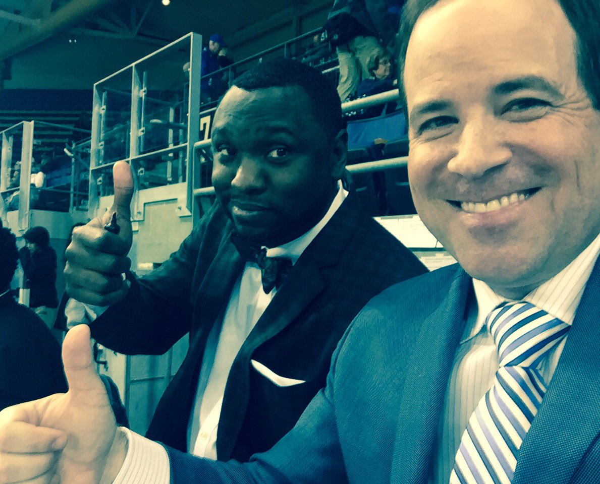 RoyPhilpott's tweet photo. First round of the NIT here in Seattle starting top of the hour w/@CollegeCorey! ESPN2 @UW_MBB hosts @LBSUhoops https://t.co/KIBT2liDok