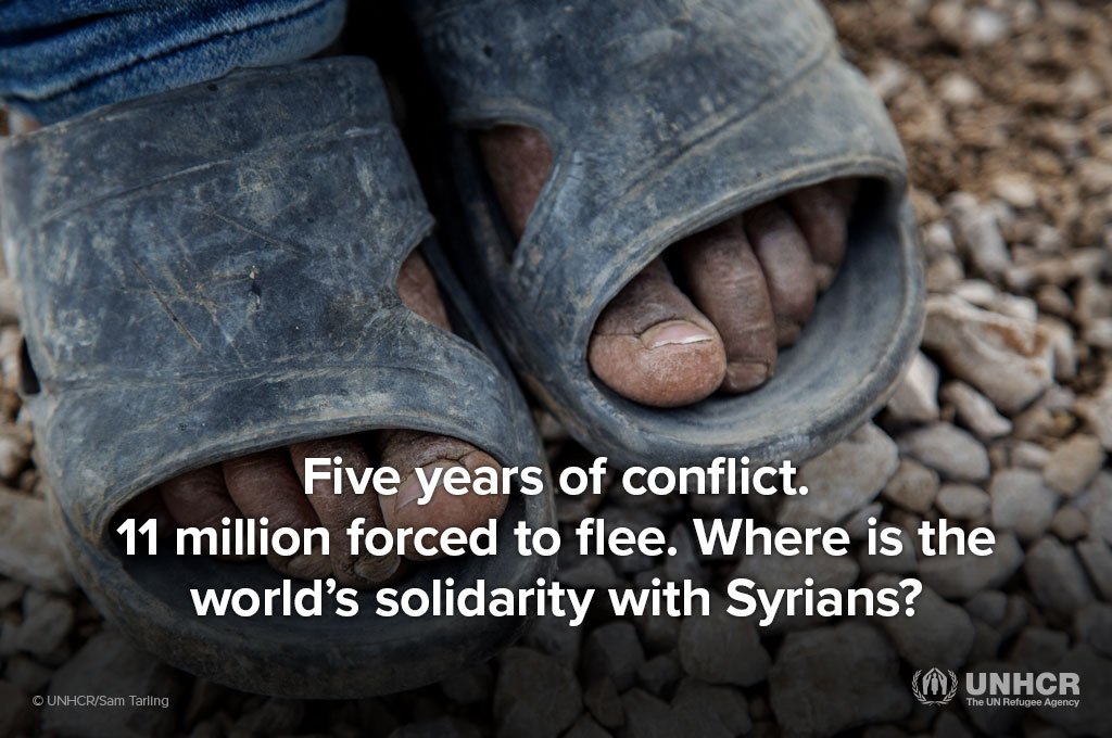 Refugees's tweet photo. Five years: 4.8 million refugees. 6.6 million people displaced inside Syria. #withSyria https://t.co/upqIbE9qSG https://t.co/fECuSUmtNB