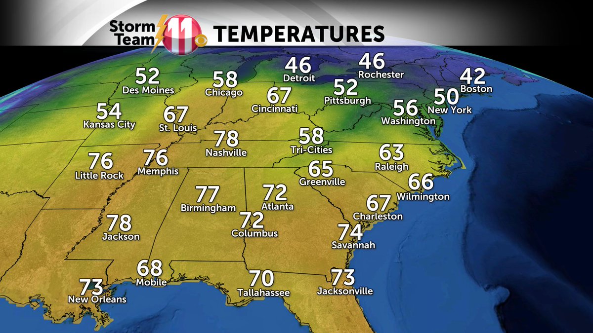 stormteam11's tweet photo. It's a mild night across the southeast.  Temperatures will colder for the weekend. https://t.co/sp82J9TtPG