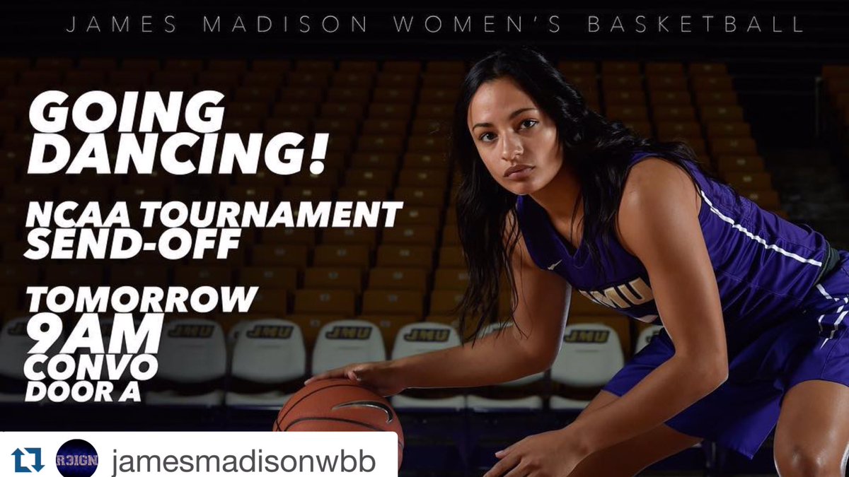 JMUSports's tweet photo. Send-off @JMUWBasketball to Louisville tomorrow morning at 9 a.m. #R3IGN https://t.co/NIZLetFHXl