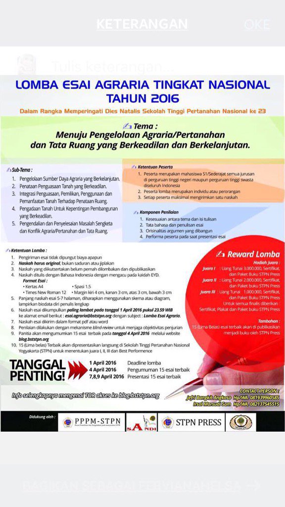sAndi_STPN's tweet photo. Bagi tmn2 yg jago nlis esai, STPN mngdakn Lomba Esai Agraria Tingkat Nasional,dtnggu ya naskah esai terbaik tmn smua https://t.co/HlpC5fSUJl