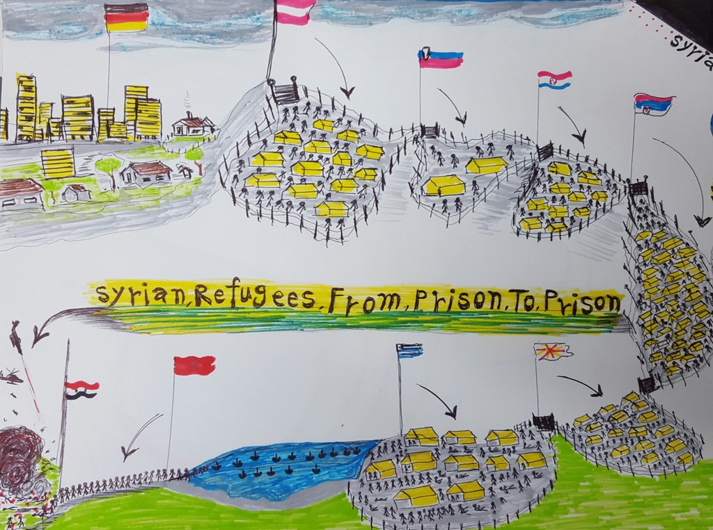 UNICEF's tweet photo. Heartbreaking.This is a Syrian refugee boy's drawing. #childrenofsyria @UNICEFHrvatska https://t.co/ddnPvZsu4A