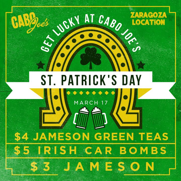 Cabo_Joes's tweet photo. Who's ready to get lucky this Thursday night? Celebrate #StPatricksDay at #CaboZ! 🍀🍀🍀🍀 #CaboJoes https://t.co/wOxm5D4m5S