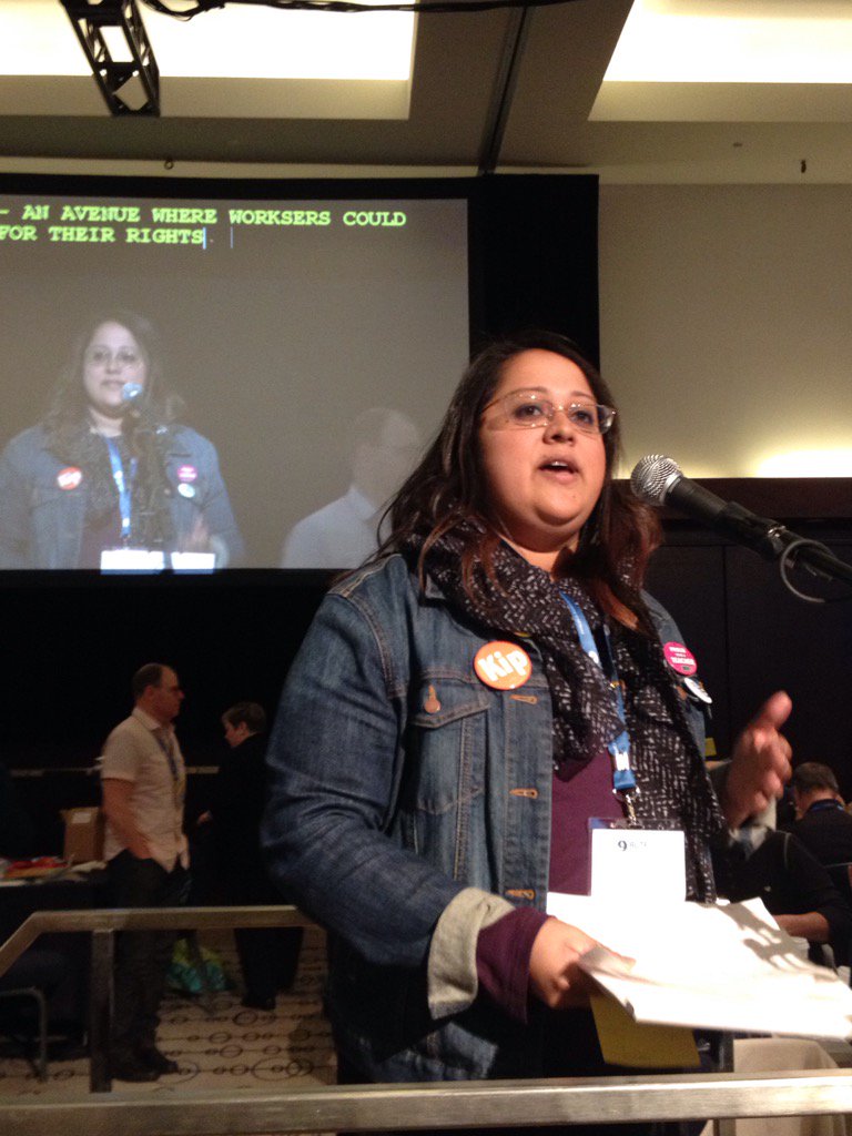 RaeFigursky's tweet image. #BCTF2016 1st time  at the mic, Shanee  @shenshen83 moves @BurnabyTeachers Res 127 on equity &amp;amp; it carries!