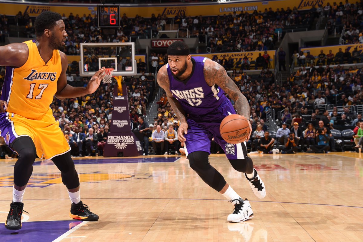 NBA's tweet photo. .@SacramentoKings defeat @Lakers 106-98 behind 22 PTs each from Boogie Cousins + Darren Collison. Rondo w/ 12 ASTs. https://t.co/XVv4VqNCto