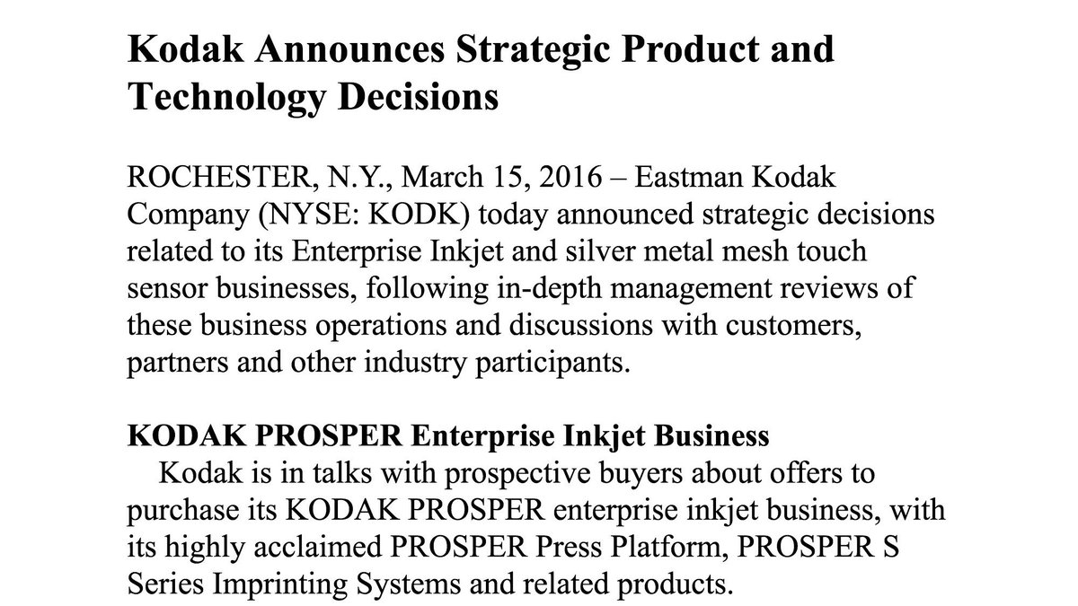 zeitenwende007's tweet image. Good or bad? @Kodak will sell its #Prosper Inkjet Biz which was positioned at #drupamc as its growth driver. #Print