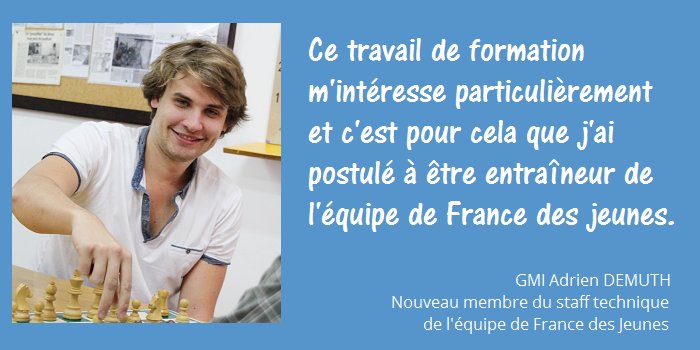 ffechecs's tweet image. Adrien Demuth rejoint le staff d&apos;encadrement de l&apos;équipe de France des Jeunes ! 🇫🇷
bit.ly/227U9Yr