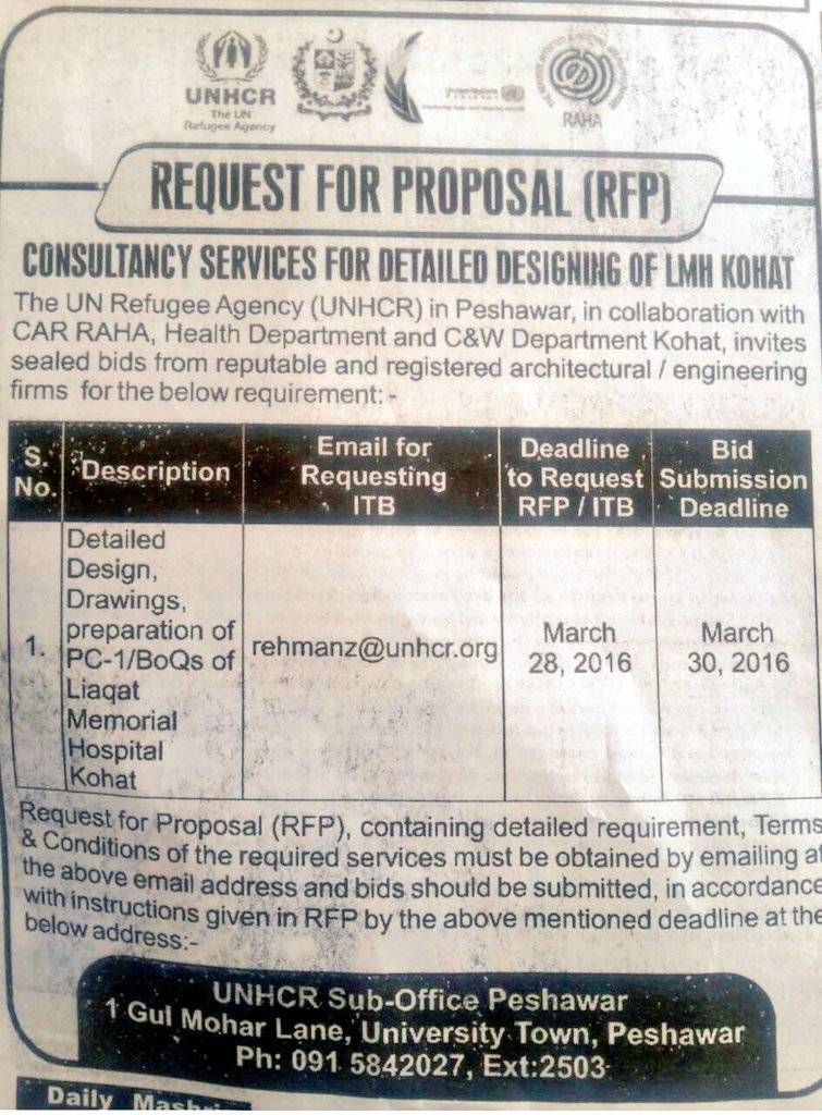 C&amp;W Deptt and RAHA announced Request for Proposal (RFP) consultancy Services for Detailed Designing of LMH Kohat