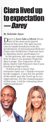 bhmng's tweet photo. "@ciara lived up to expectation"- @darey in the @vanguardngrnews!
#LLAMNaked #LLAM3 https://t.co/8MZpbwGv2g
