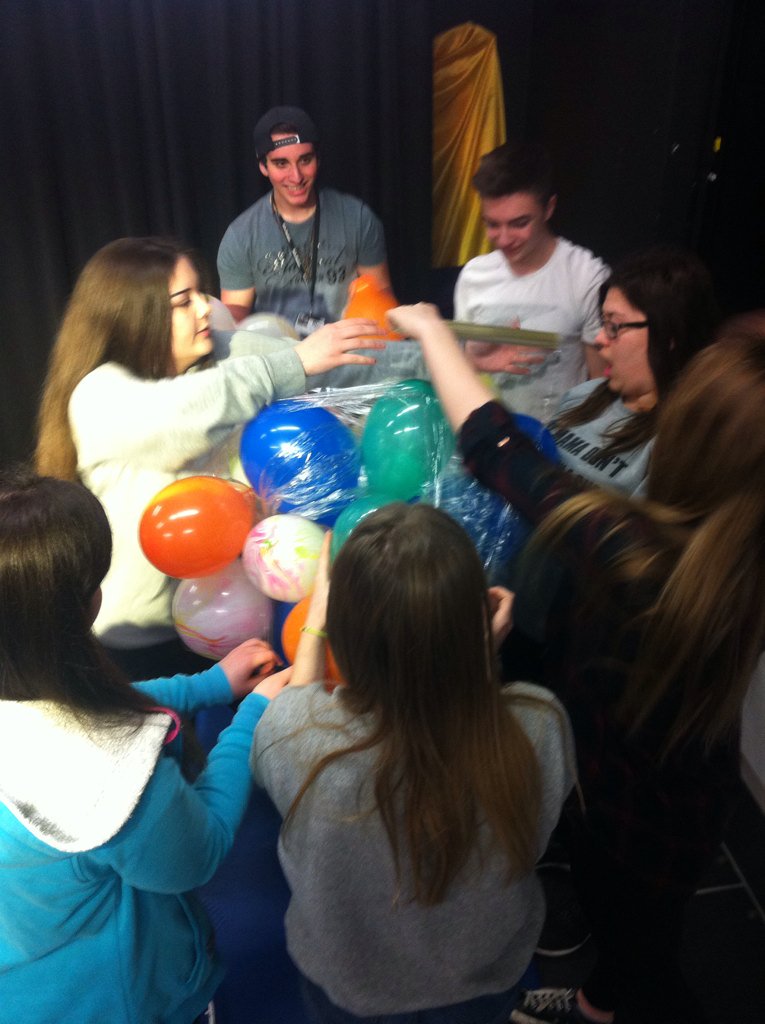 BCAPARTS's tweet photo. 20 balloons, 50m cling film: mission: sit on "seat", feet off floor, 10 secs. #willtheydoit? @BCA_Maidenhead https://t.co/2dAuWq09X6