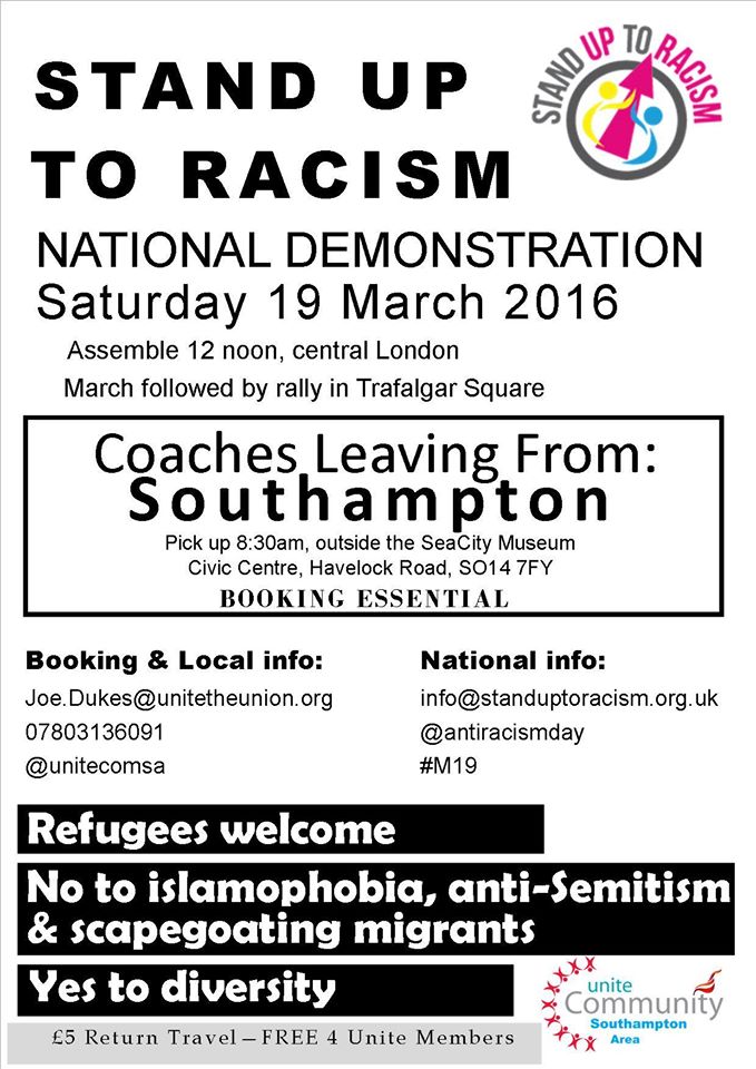 unitecomsa's tweet photo. Last few seats available on the #Southampton coach to @AntiRacismDay National demo on Sat - Have you booked yours? https://t.co/oZyM3usEWo