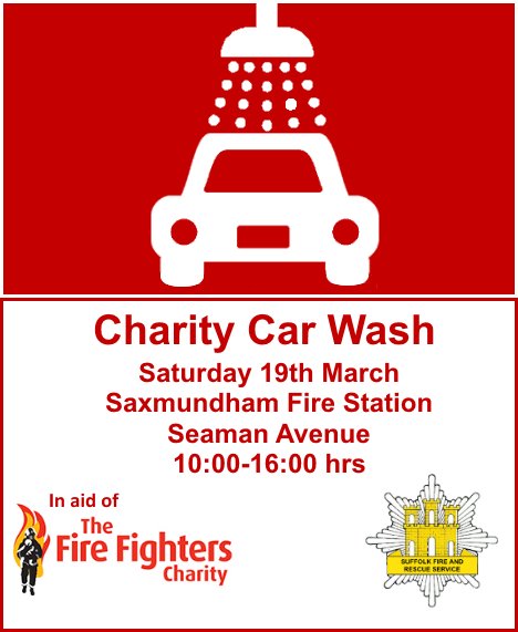 SuffolkFire's tweet photo. Car wash in #Saxmundham on Saturday for @firefighters999  57% guaranteed to make your car look better. https://t.co/2tbEgfupEZ