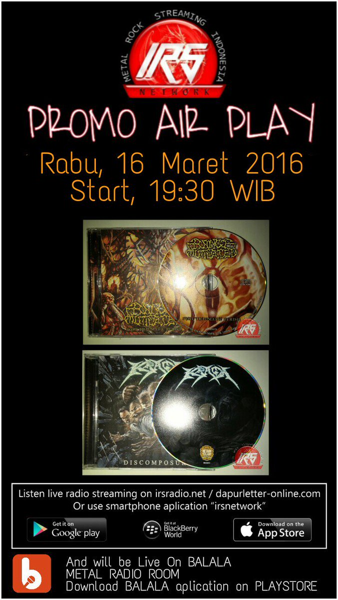 Promo Air Play malam ini, album <a href="/KRACKdeath/">KRACK</a> dan <a href="/rom_mkdm/">RANGE OF MUTILATED</a> 

Jam 19:30 WIB

irsradio.net

IHMS \m/