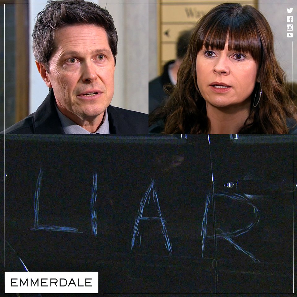 emmerdale's tweet image. Gordon had an alibi, so who could've written "LIAR" on Aaron's car? #Emmerdale
Tag