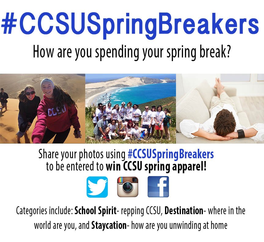 CCSU's tweet image. Time for another photo contest! Get those ideas flowing... starting the last day of classes #CCSUSpringBreakers
