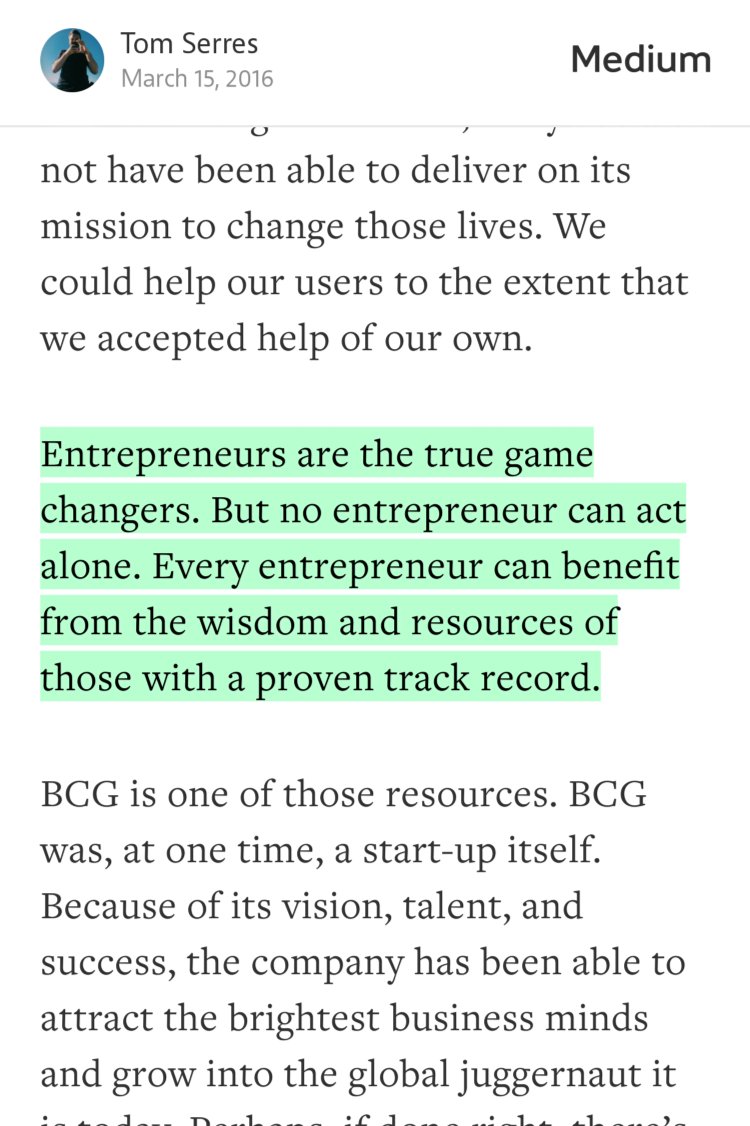 “Entrepreneurs are the true game changers. But no entrepreneur can act alone. Every entrepreneur can benefit from the wisdom and resources of those with a proven track record.” from “Announcing Torque: BCG Digital Ventures’ Entrepreneur Residency and Studio” by Tom Serres.