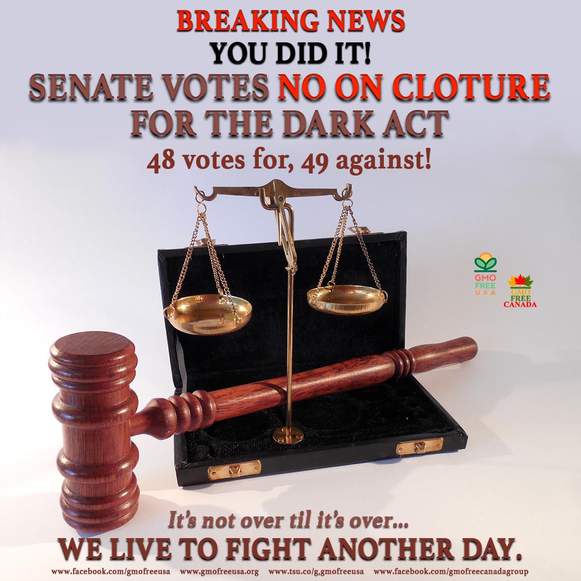 GMOFreeUSA's tweet photo. Victory! We live to fight another day. The battles rages on.
#GMO #labelGMOs #NeedToKnowGMO #DARKAct #4simplewords https://t.co/L80NraAeGk