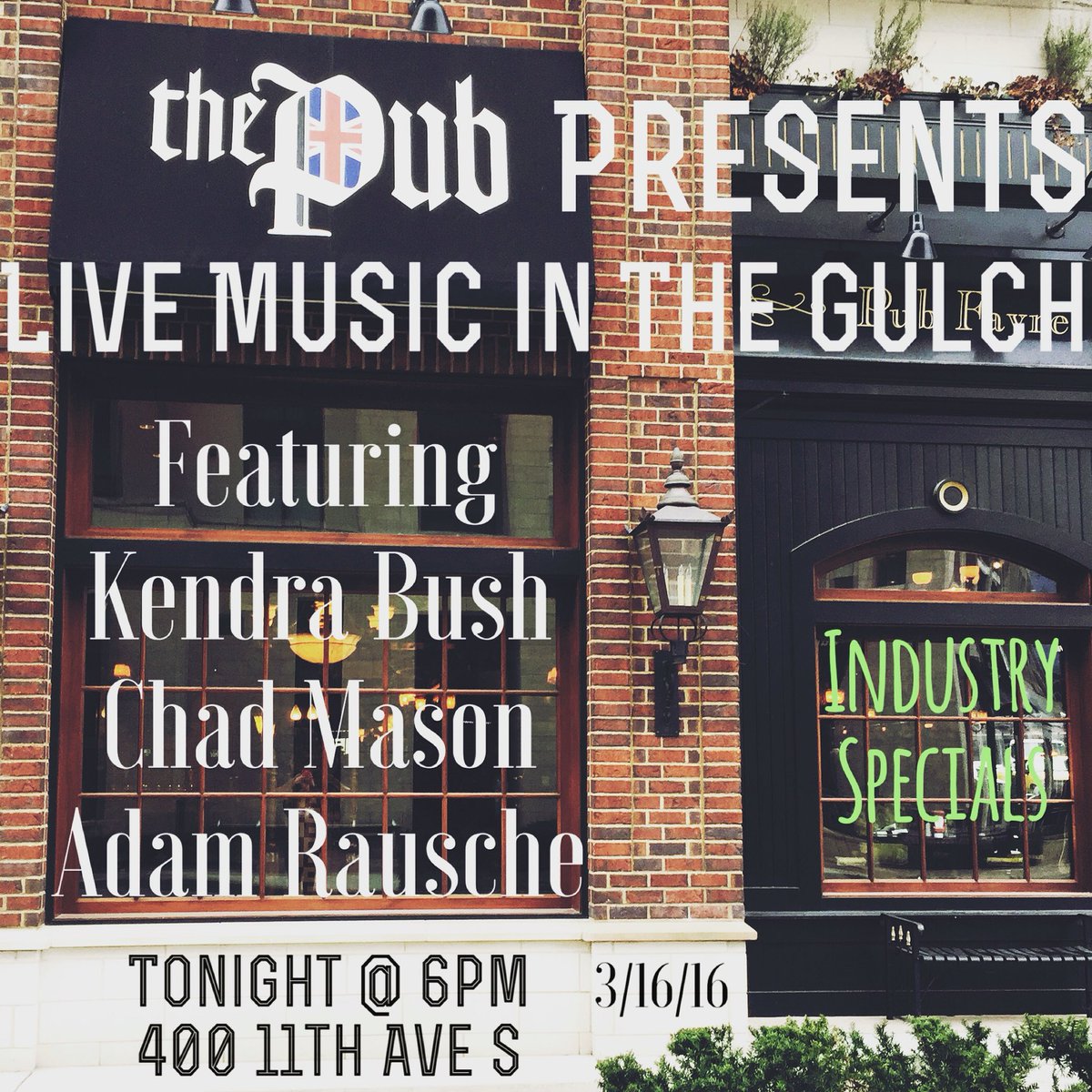 See u tonight, 6pm for #ThePubNashvillePresentsLiveMusicInTheGulch. #Nashville #MusicCity #TheGulch #ThePubNashville