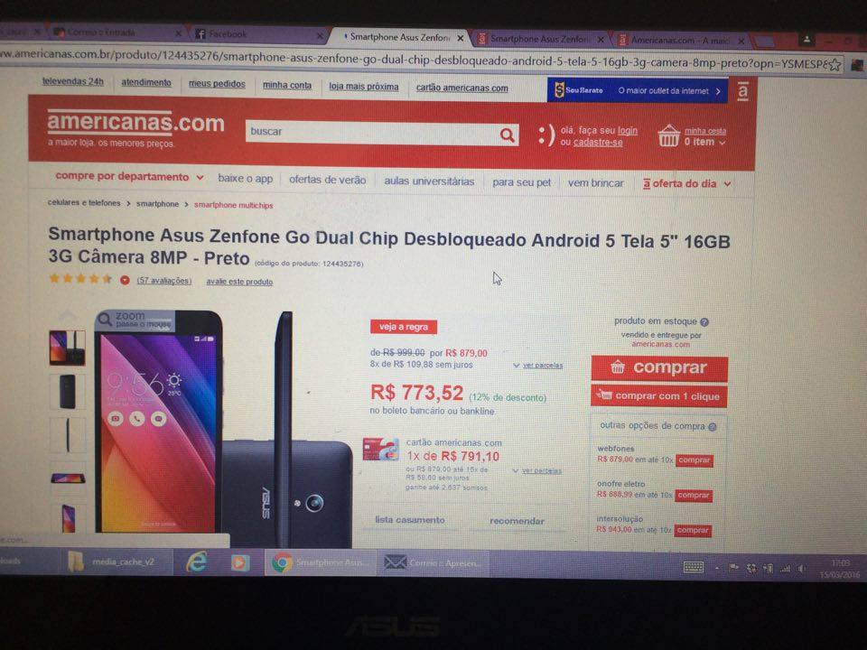 zaia_'s tweet photo. Ontem, anúncio na @americanascom mostrou o Asus ZenGo por 773,52 no boleto. Na hr da compra,aparecia 879,12. https://t.co/kZsf3TYsyN