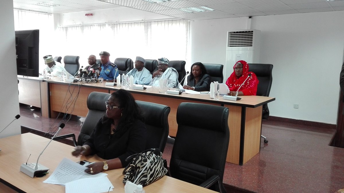inecnigeria's tweet photo. IGP @PoliceNG Solomon Arase, INEC Chairman, Pro. Mahmood Yakubu and National Commissioners at the press briefing. https://t.co/tMoURBALcj