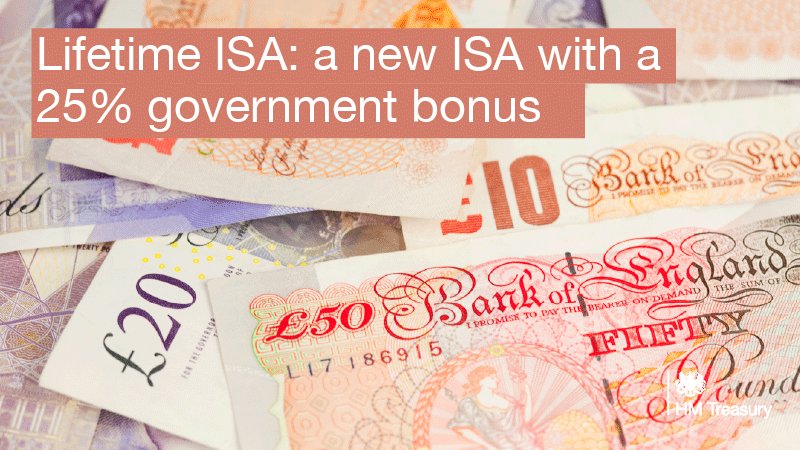 hmtreasury's tweet photo. Lifetime ISA: a new ISA with a 25% government bonus – here’s how it works: https://t.co/PJOGZKehWV #Budget2016 https://t.co/bM0cUVWQEE
