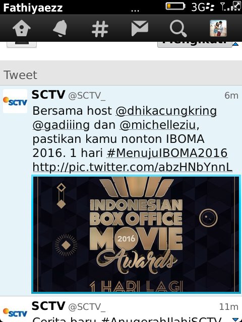 Fathiyaezz's tweet photo. Awaas yaah @SCTV_ jangaan pehape lagiii,! Yuhuuu jadii ngehossst! @michelleziu #IBOMA2016 https://t.co/rCKot0PVfv