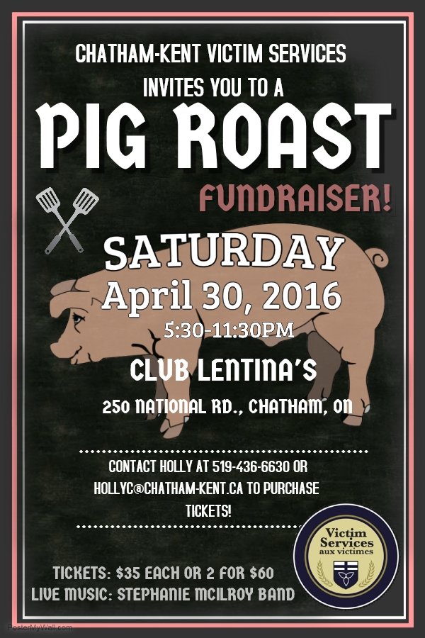 VictimServiceCK's tweet image. Come support CKVS April 30 for a Pig Roast Fundraiser! Tickets are $35 each or two for $60. See poster for details.