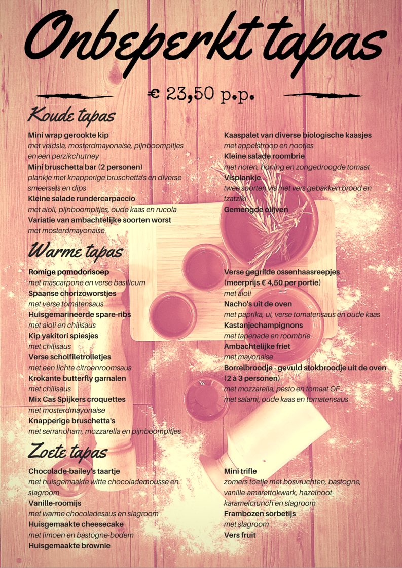 Wij bestaan bijna 3 jaar!! Dus daarom: onbeperkt tapas eten voor maar € 23,50 p.p. Vr 25 mrt t/m Zo 10 apr!
1/2