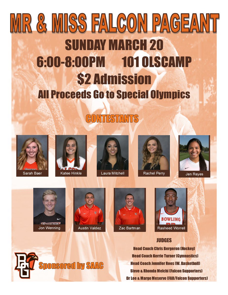 BGSU_SAAC's tweet photo. Come to the First Mr and Miss Falcon Pageant This Sunday! $2 admission and all money goes to Special Olympics! https://t.co/Qa0o5XS6d0