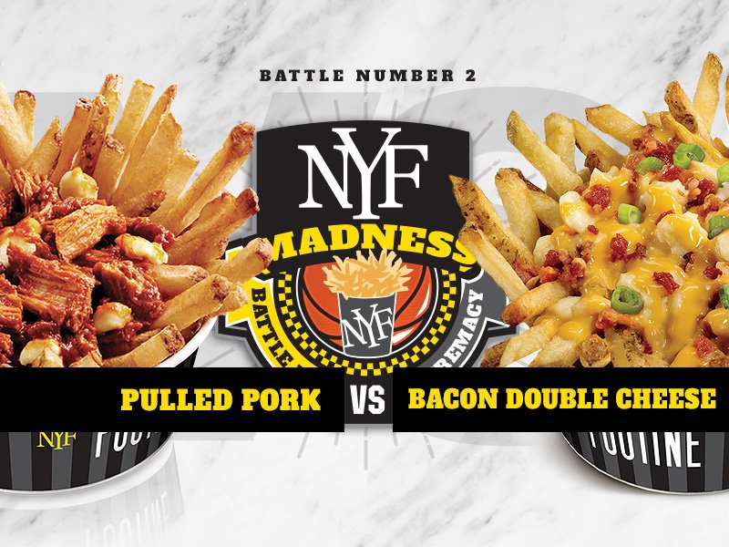 NewYorkFries's tweet photo. Day 2 & we’re pitting pork to pork w a battle between #PulledPorkPoutine & #BaconDoubleCheesePoutine! #MarchMadness https://t.co/SVJdLpWAzw