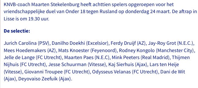 Oud-Union spelers Mink Peeters (Real Madrid en Maarten Paes (NEC) behoren tot de selectie van NL -18. Succes mannen!