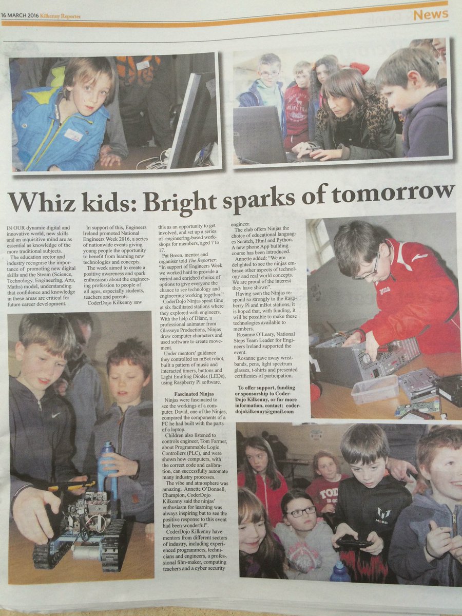 CoderDojoKK's tweet photo. Thnx @TheKKReporter for great coverage of our club's #engweek16 event in this week's @KilkennyReporter 😀 https://t.co/VBFhCxgui0