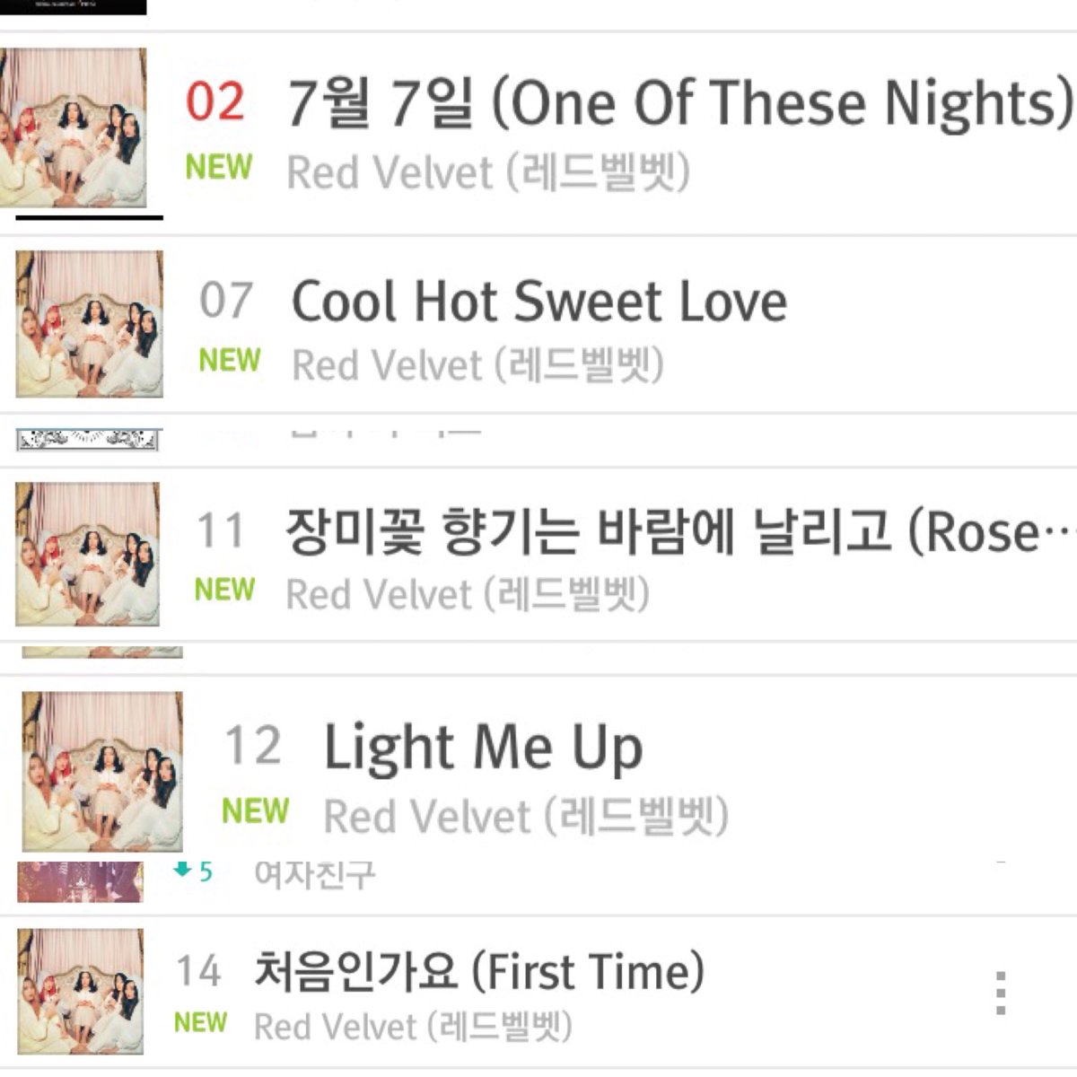 19990305Y's tweet image. MelOn - #THEVELVET 
02 - 7월7월
07 - Cool Hot Sweet Love
11 - Rose Scent Breeze
12 - Light Me Up
14 - First Time