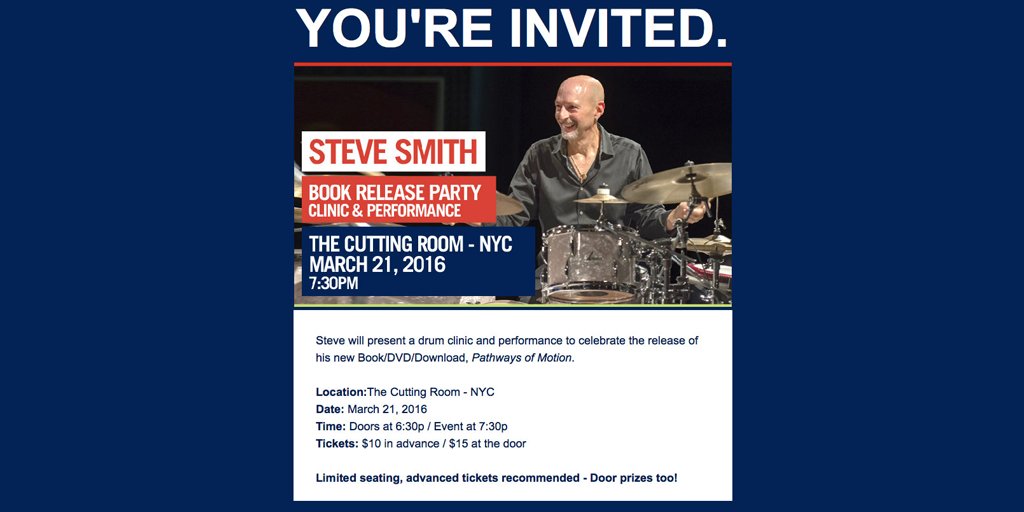 Join us on 3/21 at <a href="/CuttingRoomNYC/">The Cutting Room</a> for the release of the new DVD from <a href="/SteveSmithDrums/">Steve Smith</a> by <a href="/hudson_music/">Hudson Music</a>! #drumfam