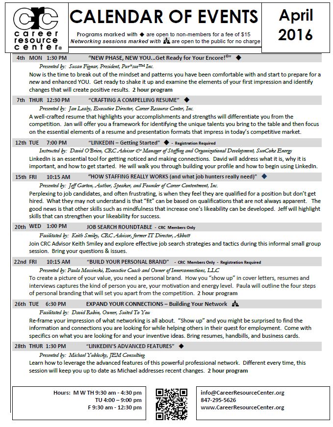 CRCJobSearch's tweet image. April 2016 Calendar - Join us for an event this Spring, and refresh your #jobsearch! bit.ly/22kwlUS