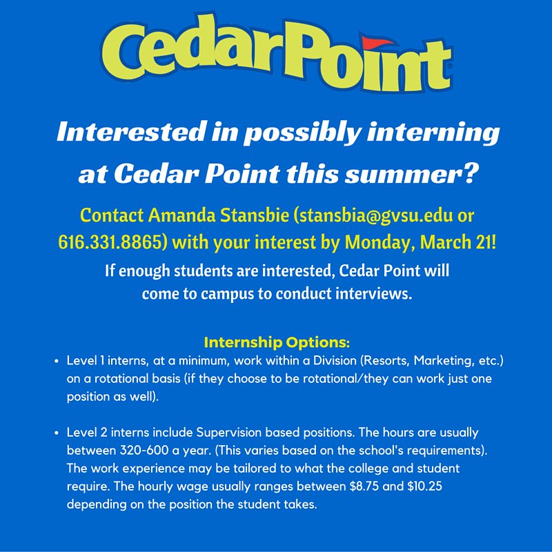 ceciadvisor's tweet photo. RT @GVSUHTM: Does a summer internship at @cedarpoint sound interesting to you?! https://t.co/GMZEBz8Irw