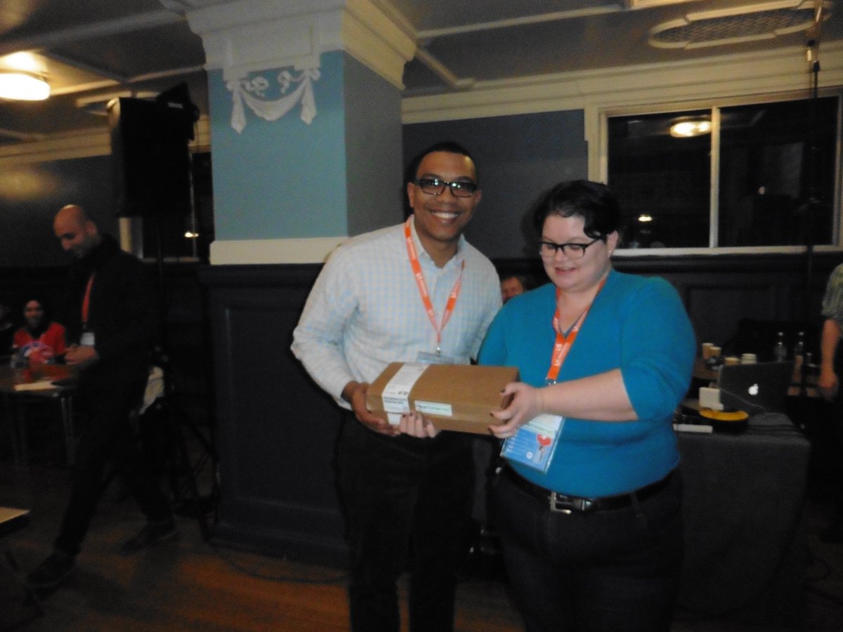 HeartInternet's tweet image. And the winner of #FutureOfTheNet is.. @shaun_coggins! Here&apos;s Shaun receiving his Pi from @kate_bolin #SmashingConf