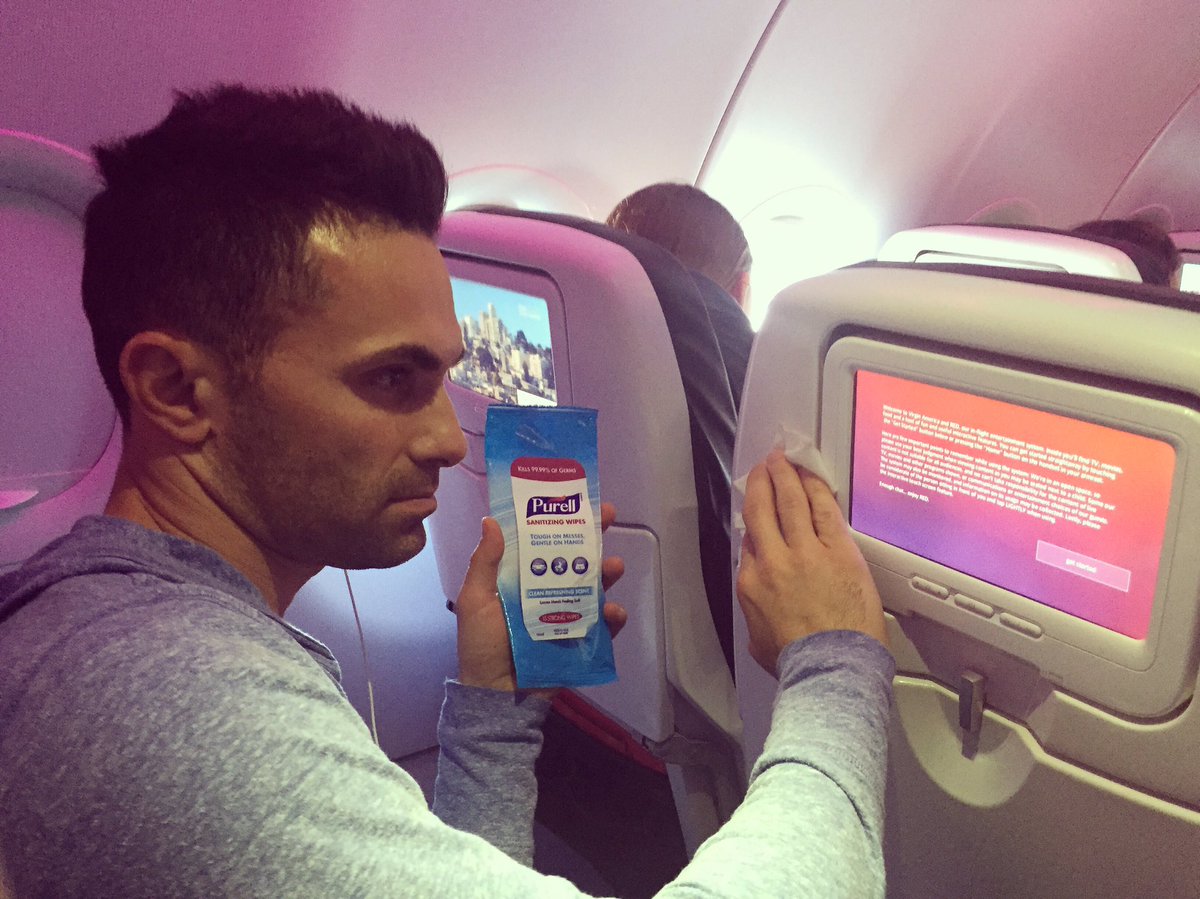 PaoloPresta's tweet photo. First thing I do when I get on a plane. #KillThoseGerms #purellwipes ✈️ https://t.co/6hfnU3yJx9