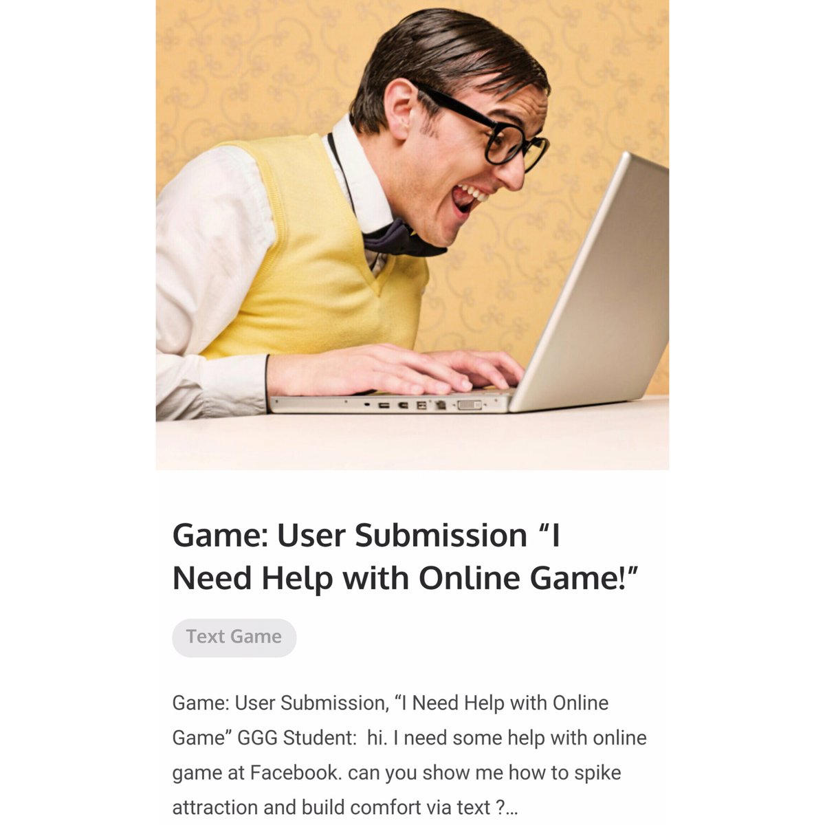 GetGameGroup's tweet photo. "I Need Help with Online Game" #GGGuy advises. #AskGGGuy #TextGame #GetGame https://t.co/5OmtPfVxah https://t.co/NcDZKZrD3K