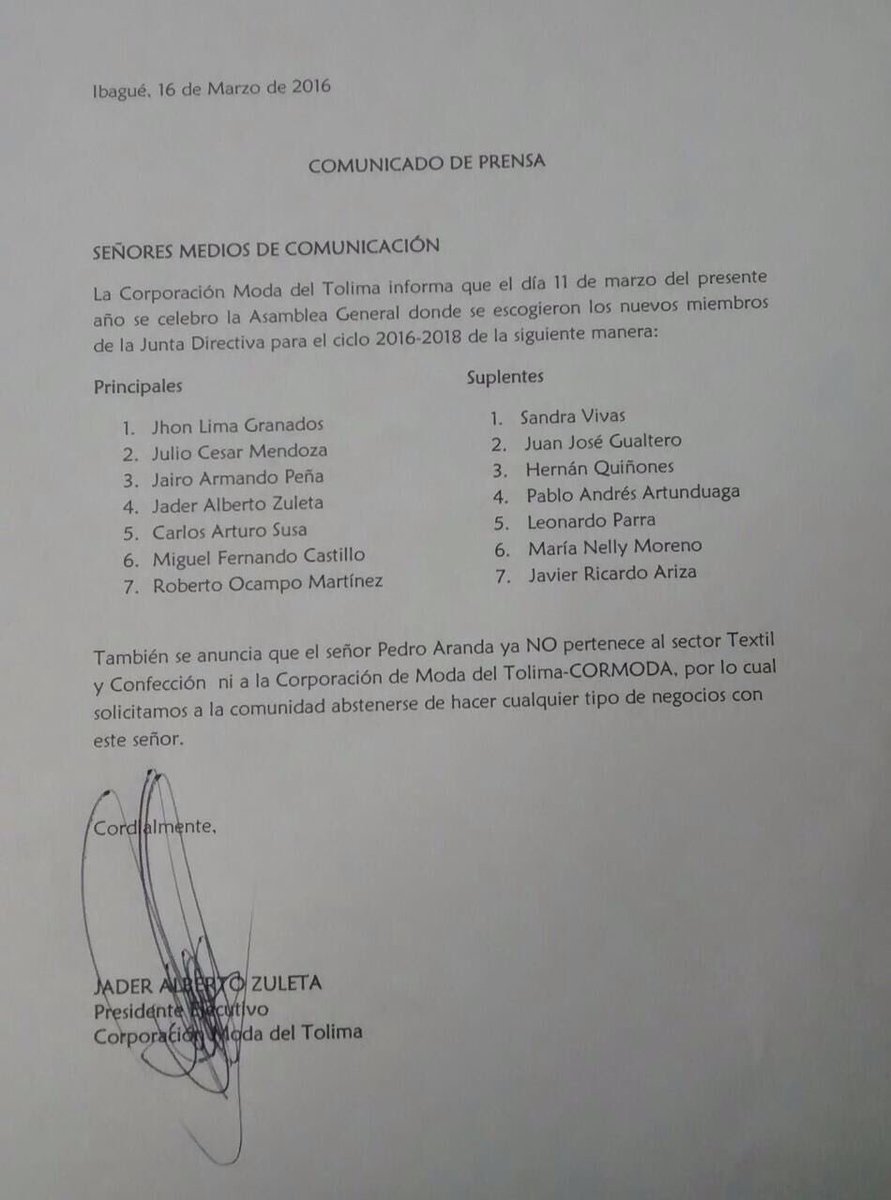 Ondas1470's tweet photo. Elegida Junta Directiva #Cormoda. Anuncian que Pedro Aranda nada tiene que ver con Ibagué @MaquilayModa https://t.co/fSTxEsbpKP