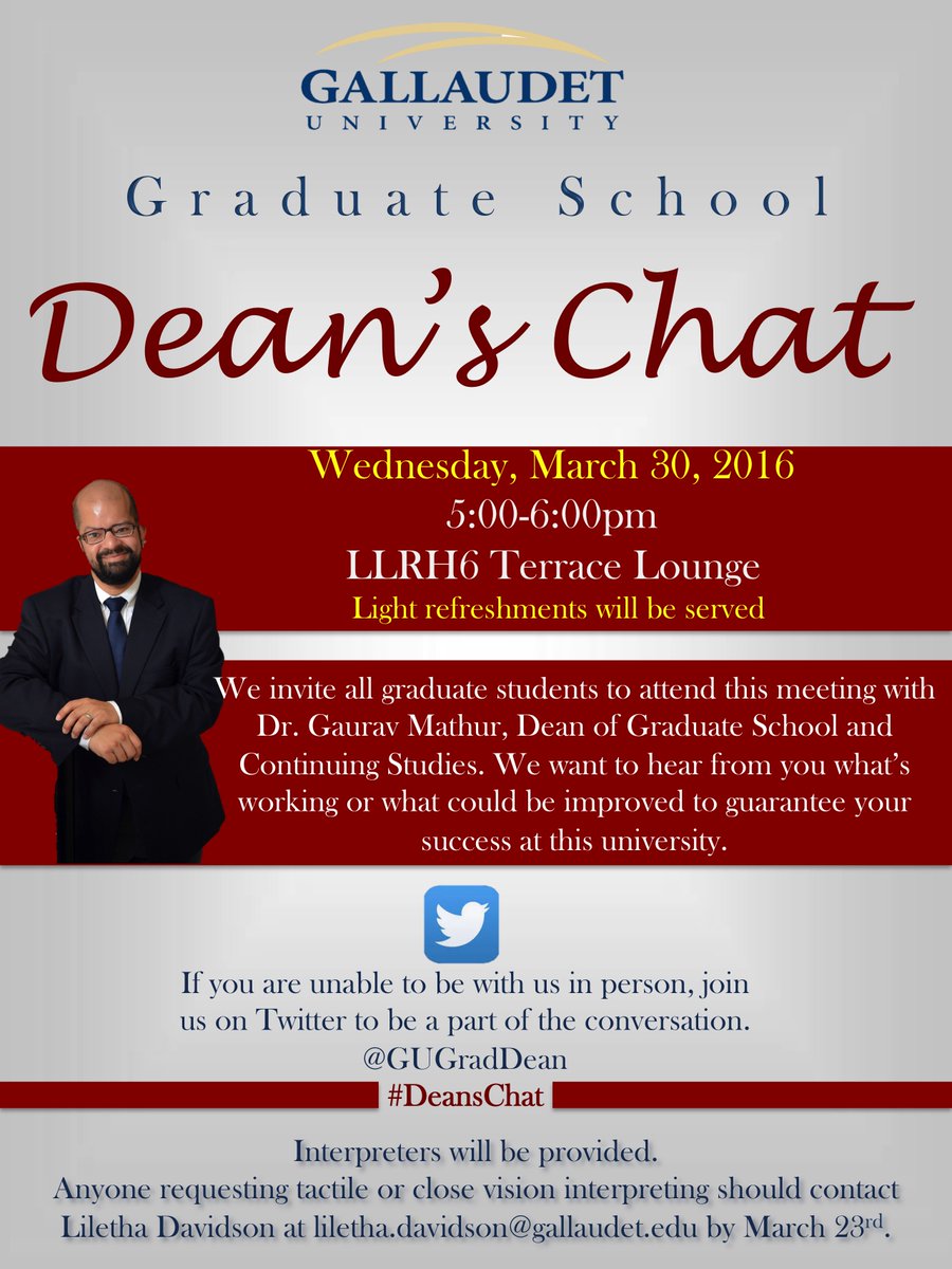 GUGradDean's tweet photo. The next Dean's Chat is Wednesday, March 30th, 5:00-6:00pm in LLRH6 Terrace Lounge. Join the conversation #deanschat https://t.co/ofHBn7Ci4e