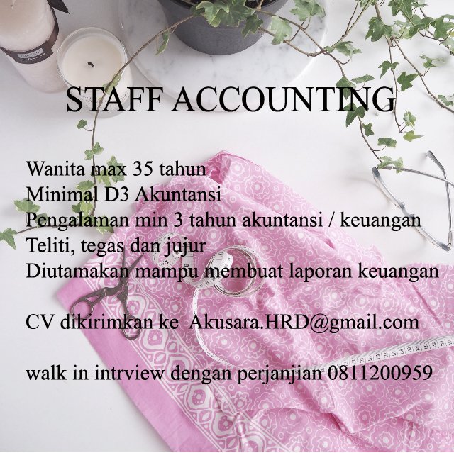 STAFF ACCOUNTING,wanita min D3, pengalaman 3 tahunCV ke Akusara.HRD@gmail.com <a href="/LokerBdg/">Lowongan Kerja Bdg</a> #lokerbdg