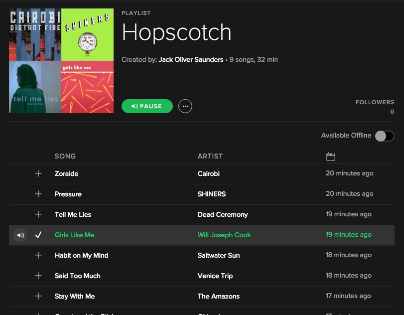 Turns out if you put all the Hopscotch performers in one playlist it sounds pretty tasty! open.spotify.com/user/hellojack…
