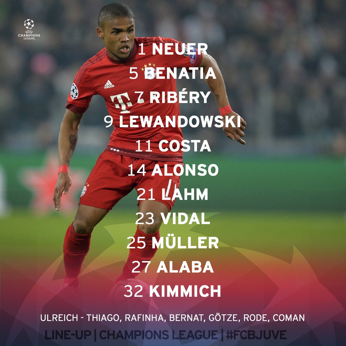 FCBayern's tweet photo. 3 Änderungen gegenüber #FCBSVW: Lewandowski, Douglas Costa und Vidal beginnen für Thiago, Götze und Coman. #FCBJuve https://t.co/kD0Jt6JI3H