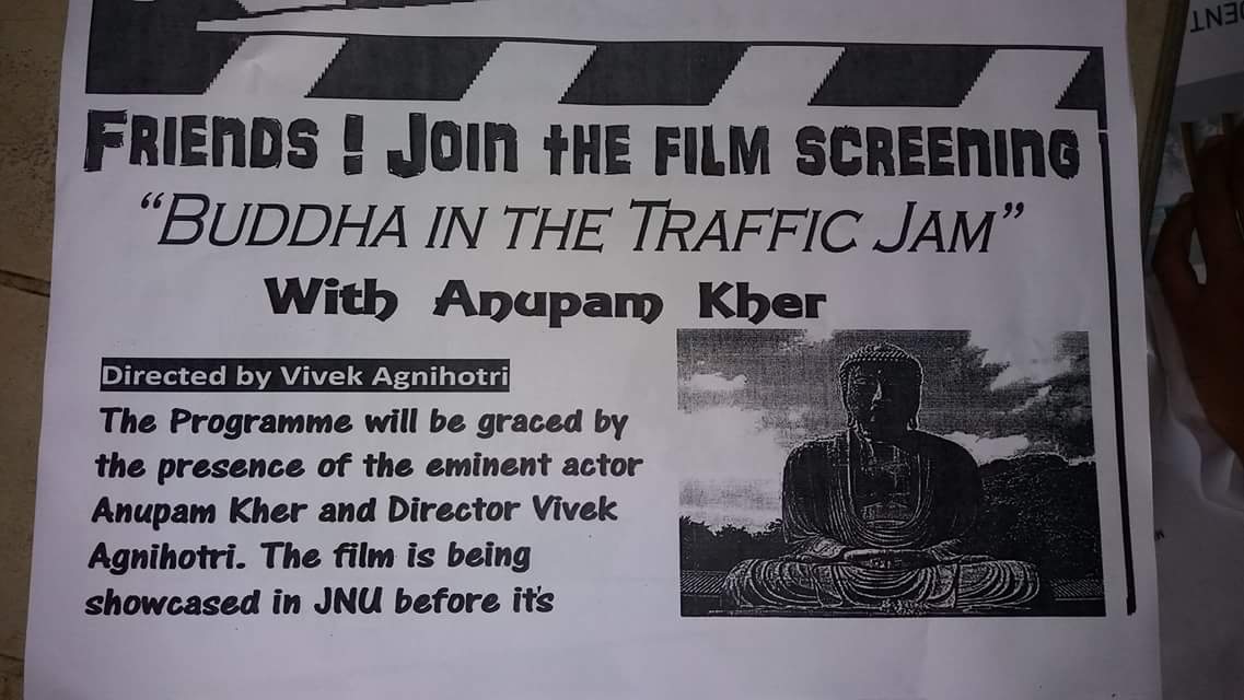 Rohit_Chahal's tweet photo. Join Film screening of unrealeased movie #BuddhaInTrafficJam by @AnupamPkher on 18th March, 4:30Pm at #JNUAdminBlock https://t.co/hfhNW7fPpI