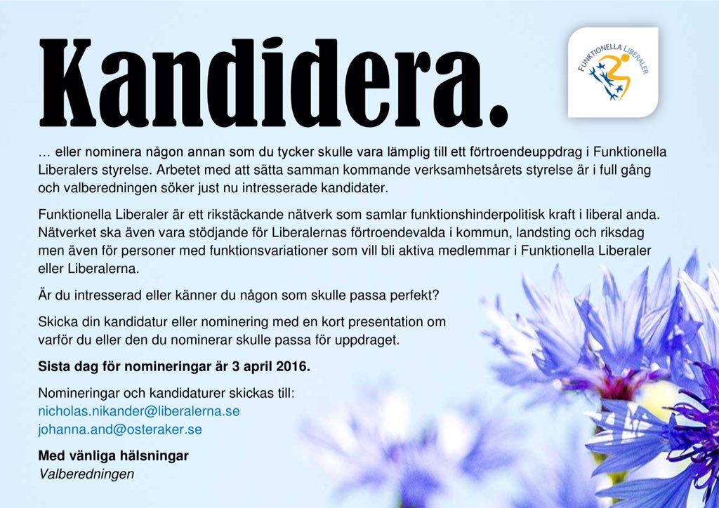 Vill du vara med i styrelsen eller vet du någon annan som skulle passa? Nominera senast 3 april! #liberalerna