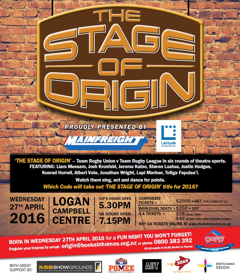 Tickets on sale now to 'The Stage of Origin', Union v League stars supporting <a href="/duffybooks/">Duffy Books in Homes</a>! ticketmaster.co.nz/stage-of-origi…