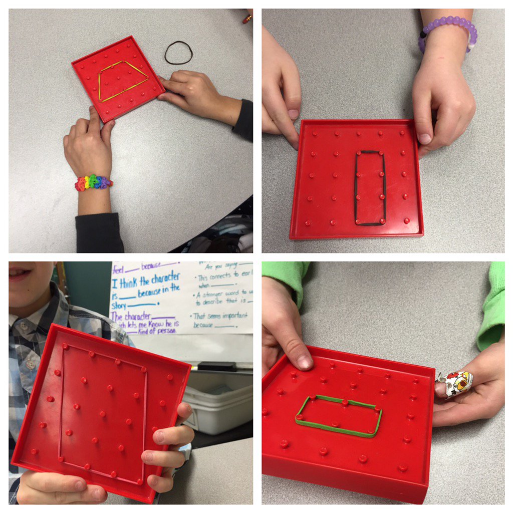Mrs_A_Wayne's tweet photo. Making quadrilaterals in centers today with geoboards #foursides #rectangle #trapezoid #square #theyvegotit https://t.co/JMjY4D9Gmw