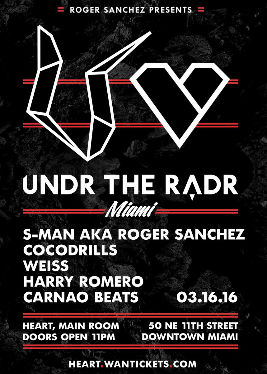 ClubAnonMia's tweet photo. #UNDRTHERADR at @HeartNightclub for underground sounds tonight! 
Ft. @Cocodrills @harrychoochoo @CarnaoBeats &amp; S-Man https://t.co/akPJWlbBJ8